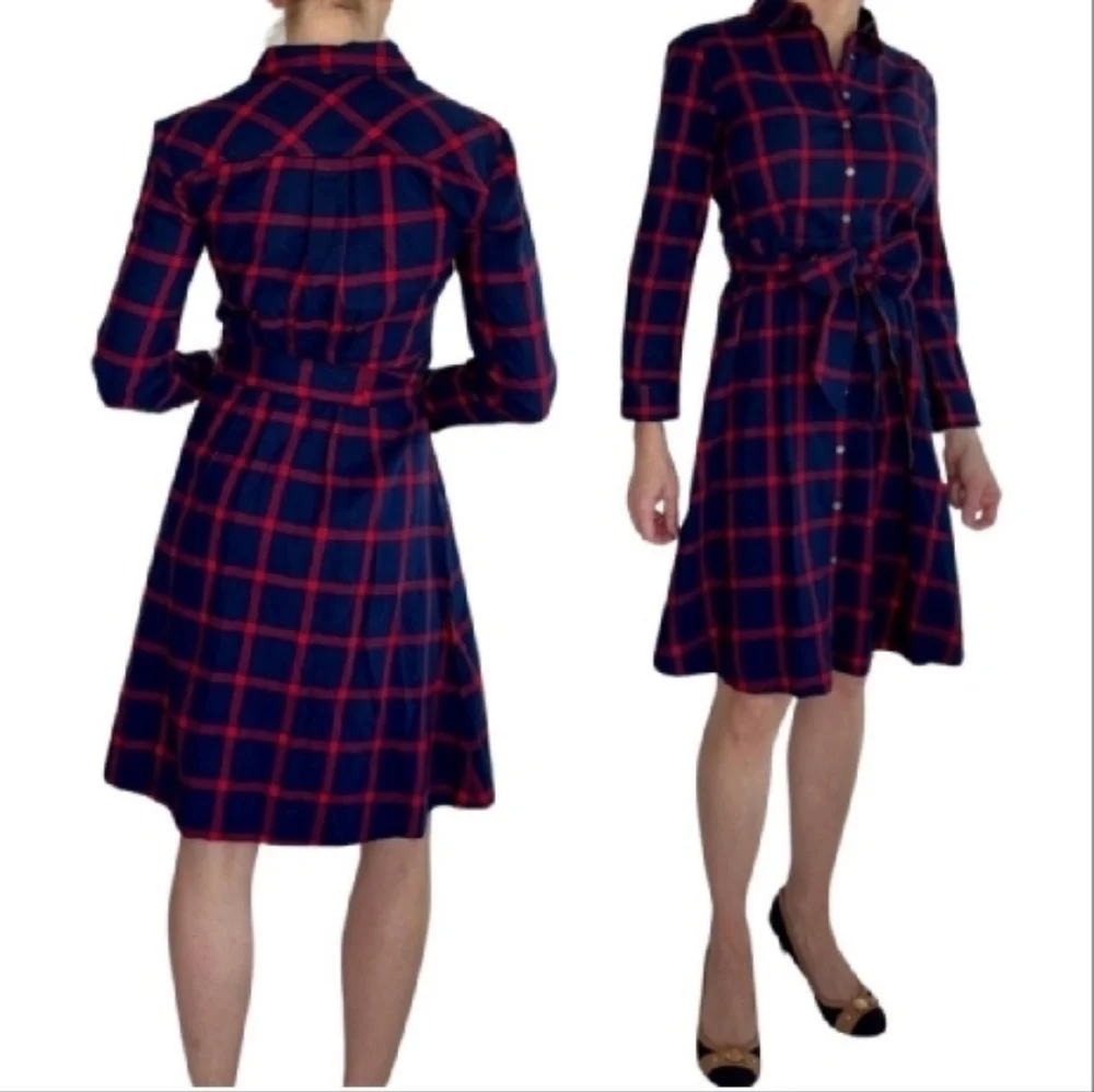 J. Crew Navy and Red Plaid Long Sleeve Dress - Picture 2 of 11